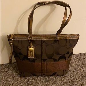 Brown canvas & leather Coach bag